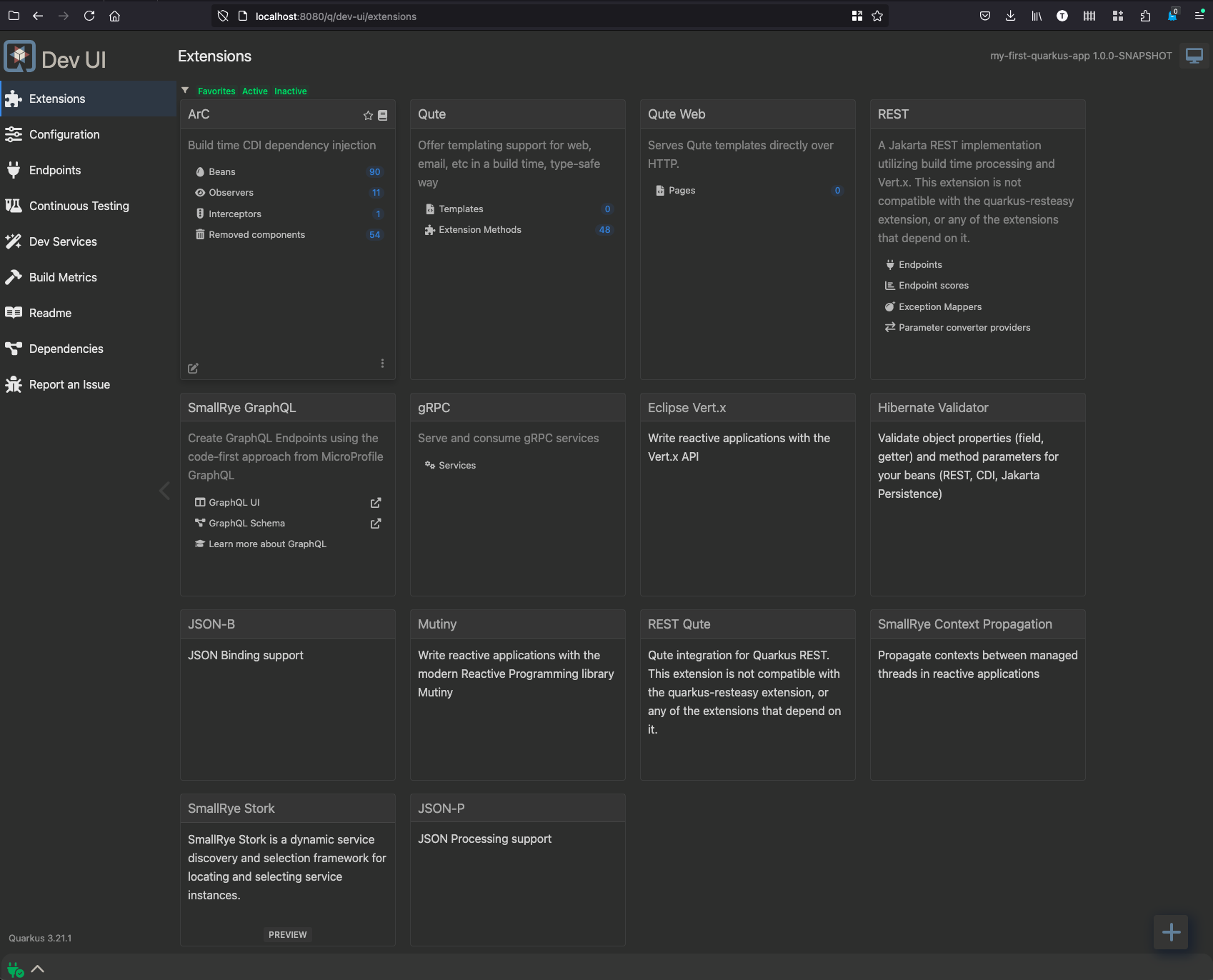 Quarkus Dev UI